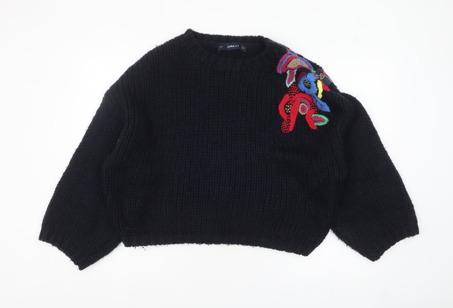 Zara Women Black Embroidered Chunky Knit Acrylic Jumper M