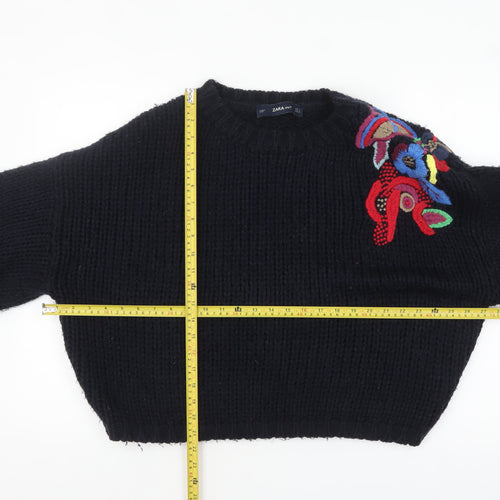 Zara Women Black Embroidered Chunky Knit Acrylic Jumper M
