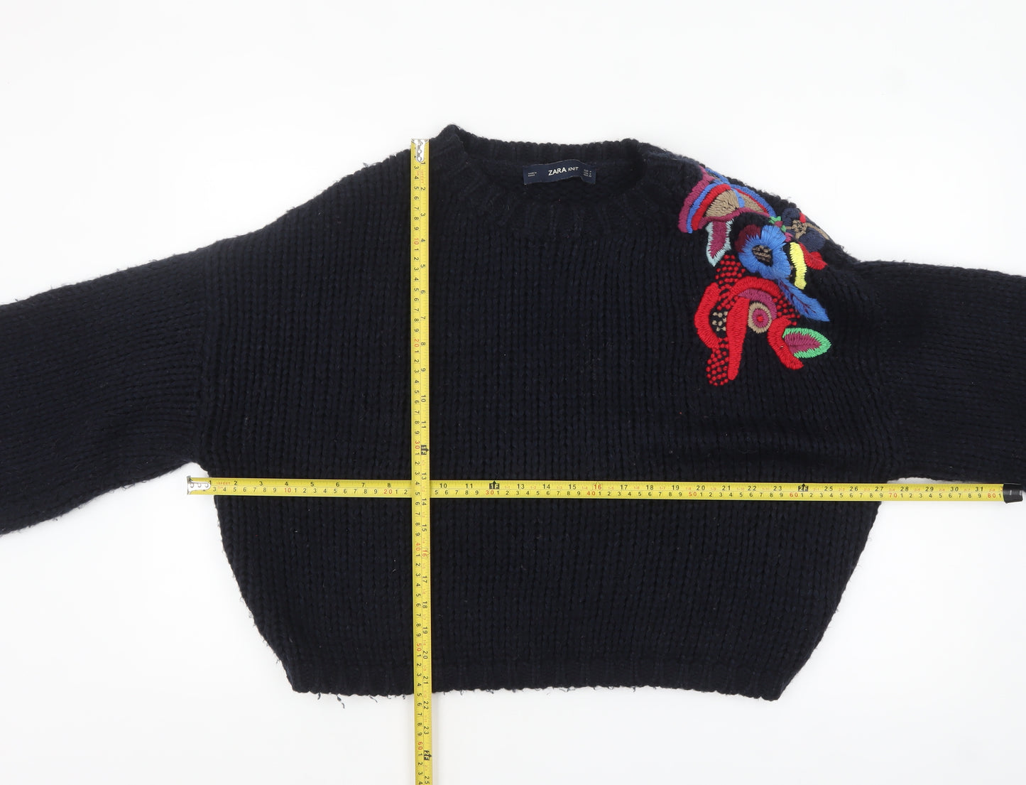 Zara Women Black Embroidered Chunky Knit Acrylic Jumper M