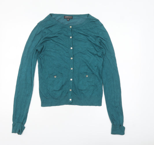 Warehouse Women Green Knit Cardigan UK 10 Long Sleeve Crew Neck