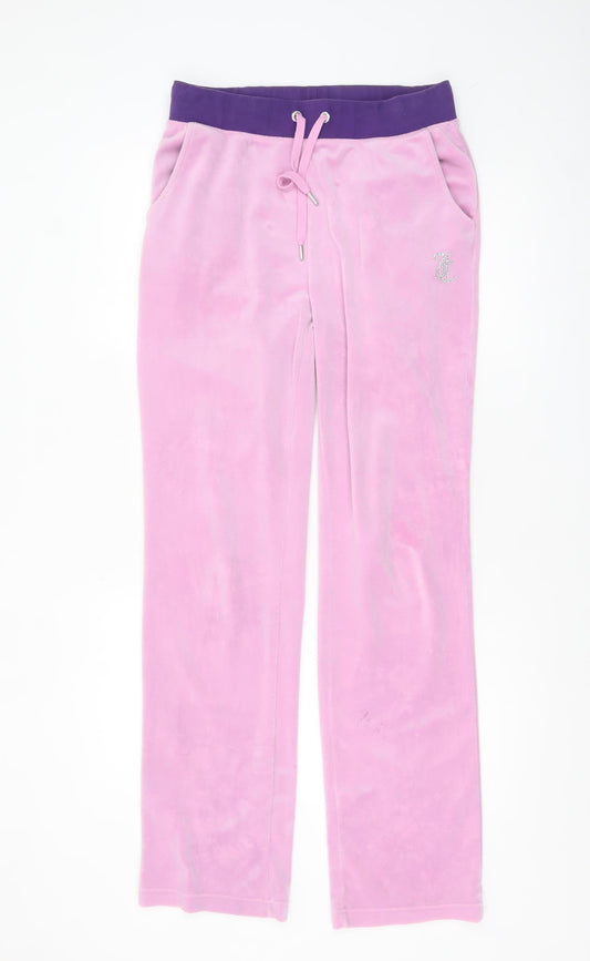 Juicy Couture Women Pink Velour Jogger Trousers Size M Rhinestone Detail