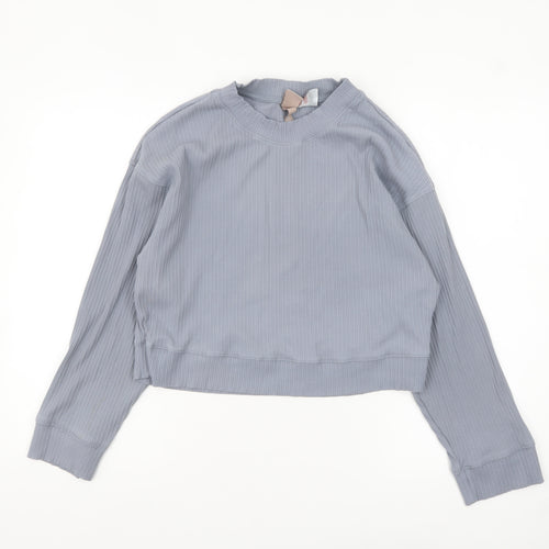 H&M Womens Blue Ribbed Pullover Sweatshirt XS Crew Neck Long Sleeve