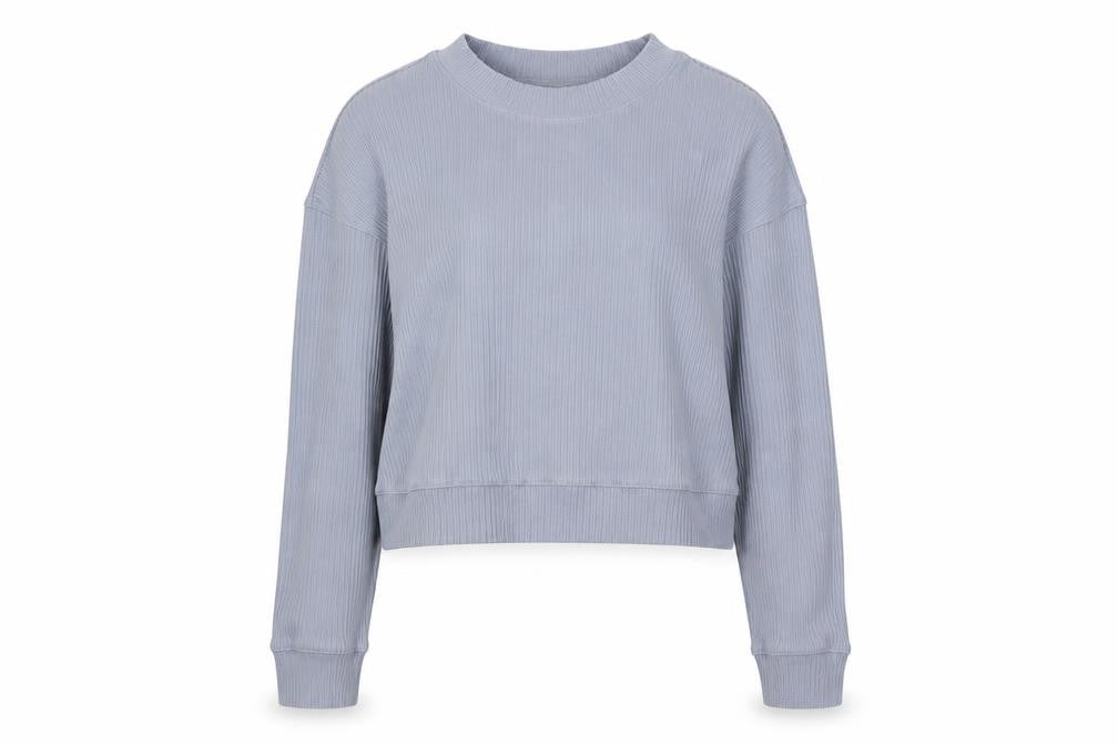 Front view of H&M women’s blue ribbed pullover sweatshirt xs crew neck long sleeve
