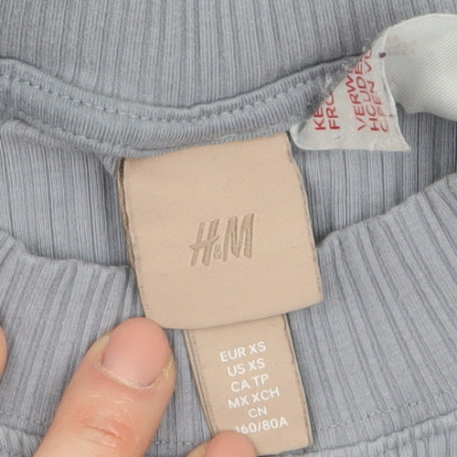 H&M Womens Blue Ribbed Pullover Sweatshirt XS Crew Neck Long Sleeve