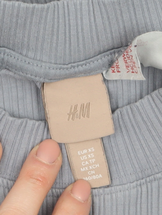 H&M Womens Blue Ribbed Pullover Sweatshirt XS Crew Neck Long Sleeve