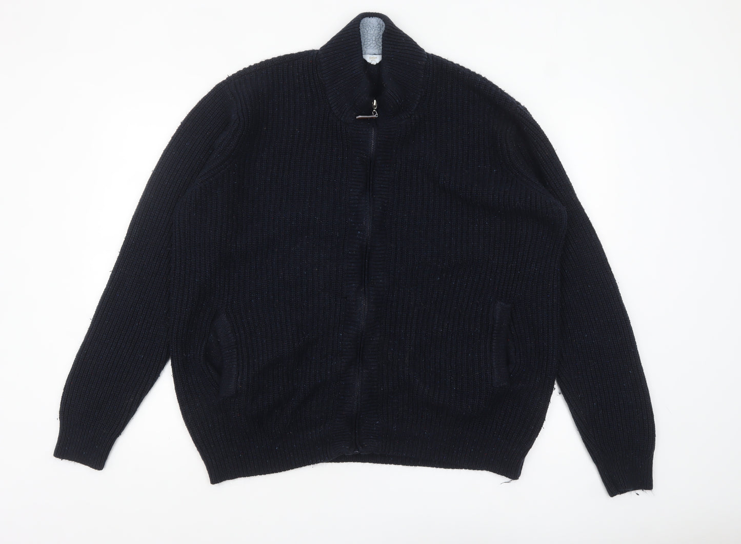 Cotton Traders Men's Blue XL Full Zip Chunky Knit Wool Jumper