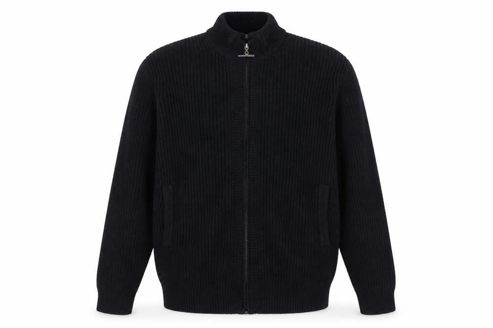 Front view of Cotton Traders Men's Blue XL Full Zip Chunky Knit Wool Jumper