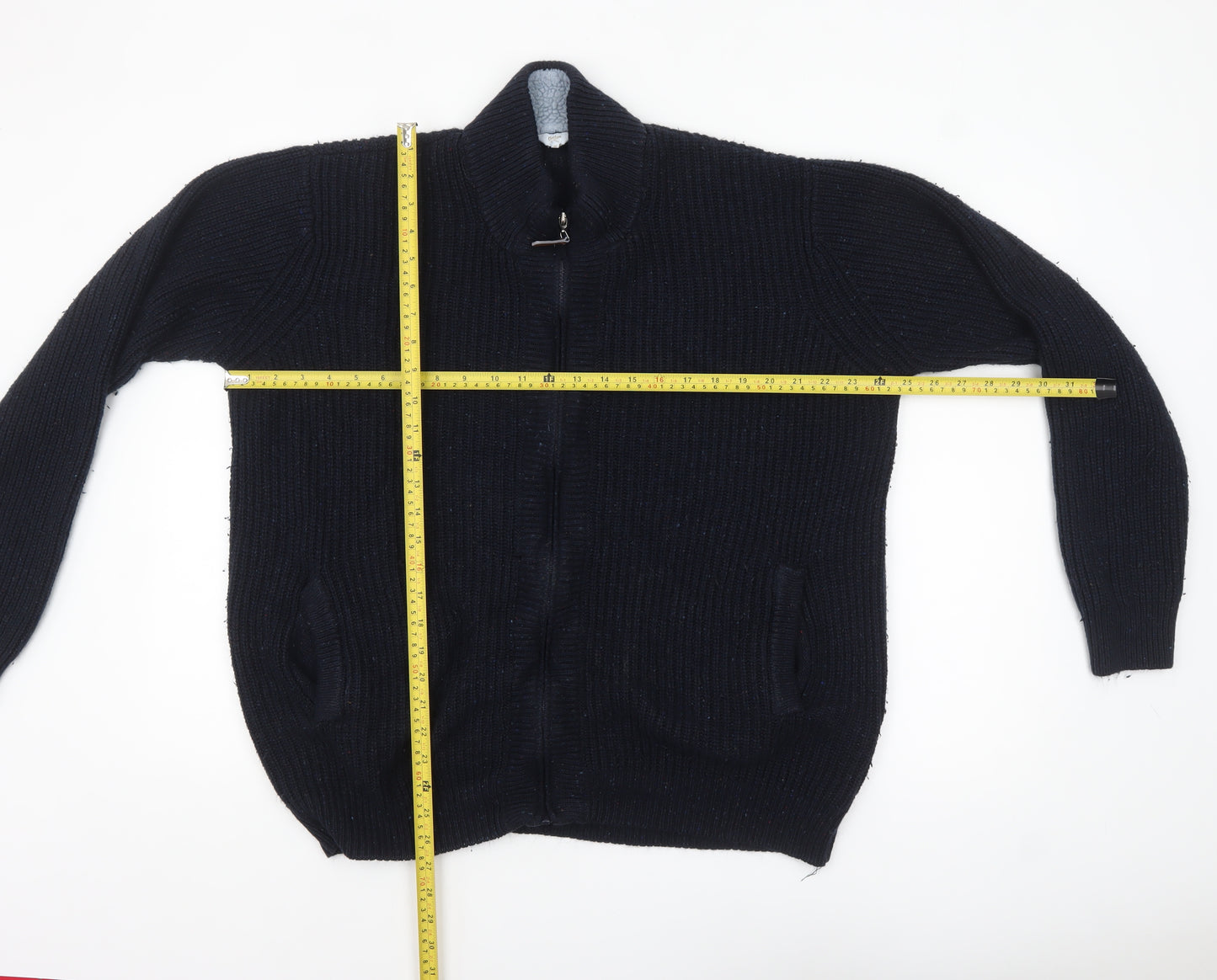 Cotton Traders Men's Blue XL Full Zip Chunky Knit Wool Jumper