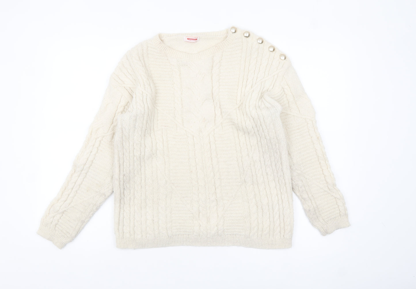 Damart Women’s Ivory Cable-Knit Jumper Size 10 Crew Neck Winter Pullover