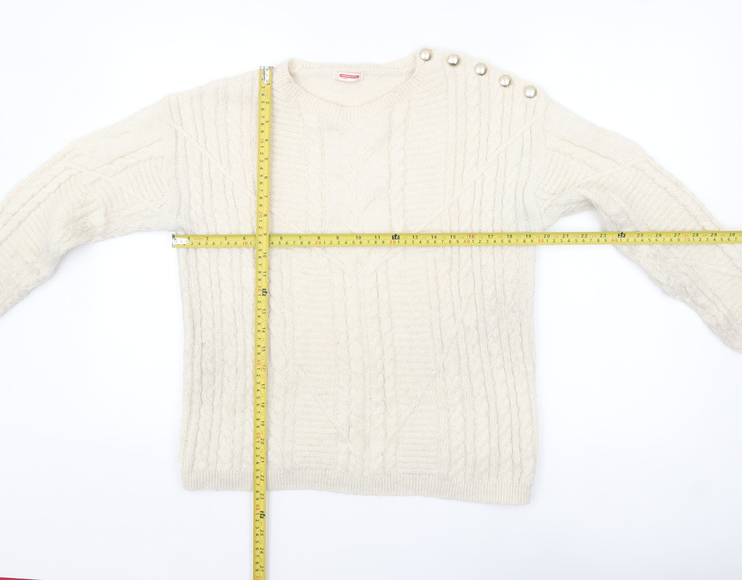 Damart Women’s Ivory Cable-Knit Jumper Size 10 Crew Neck Winter Pullover