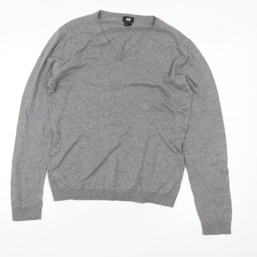 H&M Women's Grey V-Neck Cotton Cashmere Jumper Size S