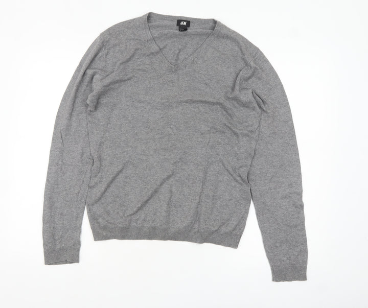 H&M Women's Grey V-Neck Cotton Cashmere Jumper Size S