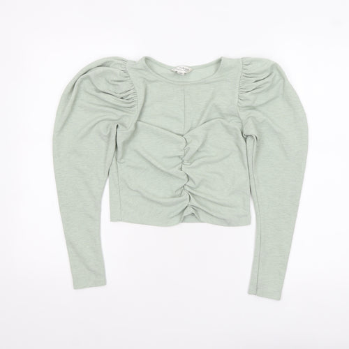 Miss Selfridge Women's Green Puff Sleeve Ruched Cropped Blouse Size 8