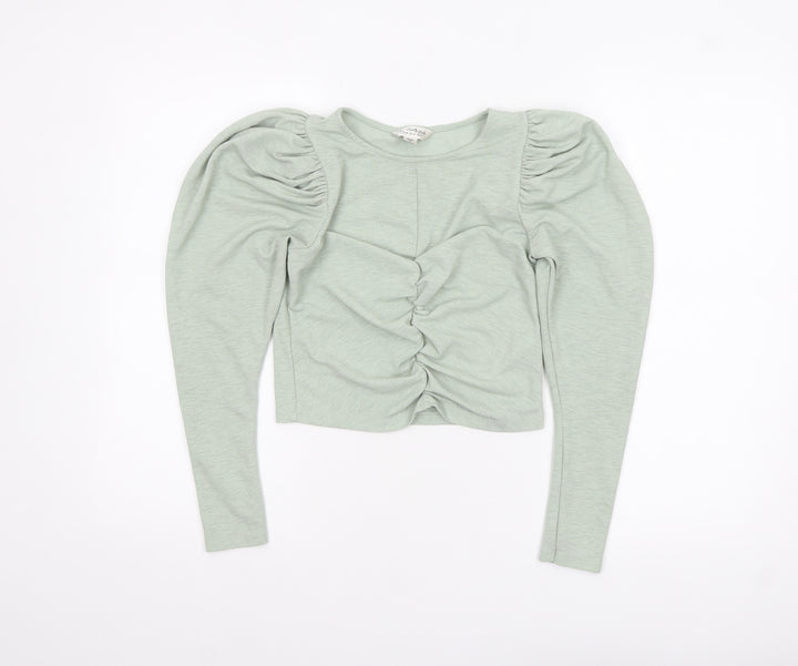Miss Selfridge Women's Green Puff Sleeve Ruched Cropped Blouse Size 8