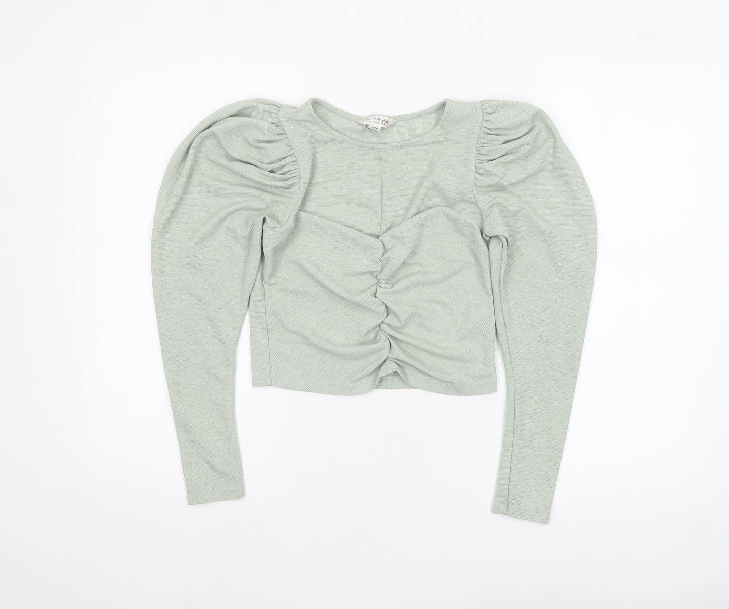 Miss Selfridge Women's Green Puff Sleeve Ruched Cropped Blouse Size 8