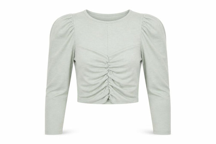 Miss Selfridge Women's Green Puff Sleeve Ruched Cropped Blouse Size 8