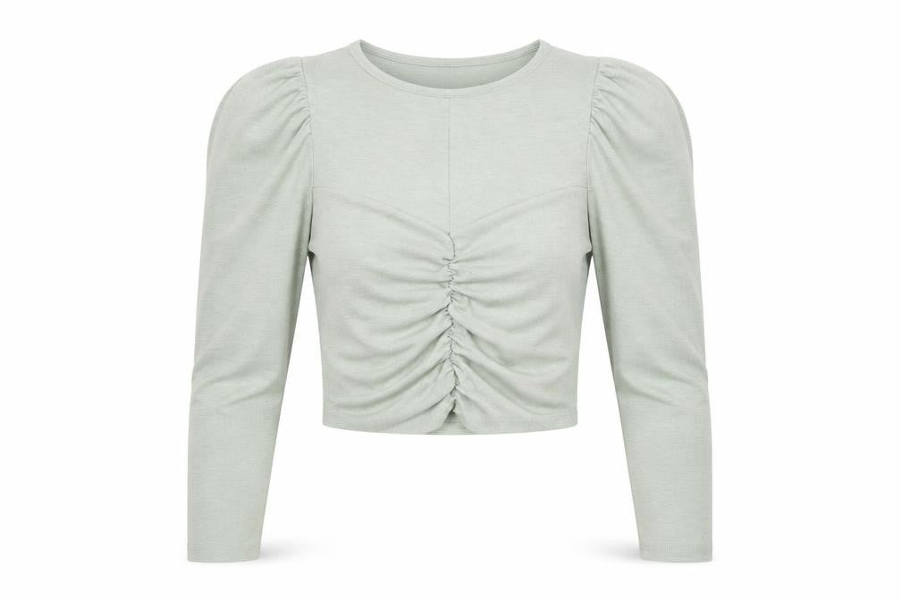 Miss Selfridge Women's Green Puff Sleeve Ruched Cropped Blouse Size 8