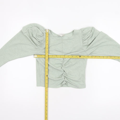 Miss Selfridge Women's Green Puff Sleeve Ruched Cropped Blouse Size 8