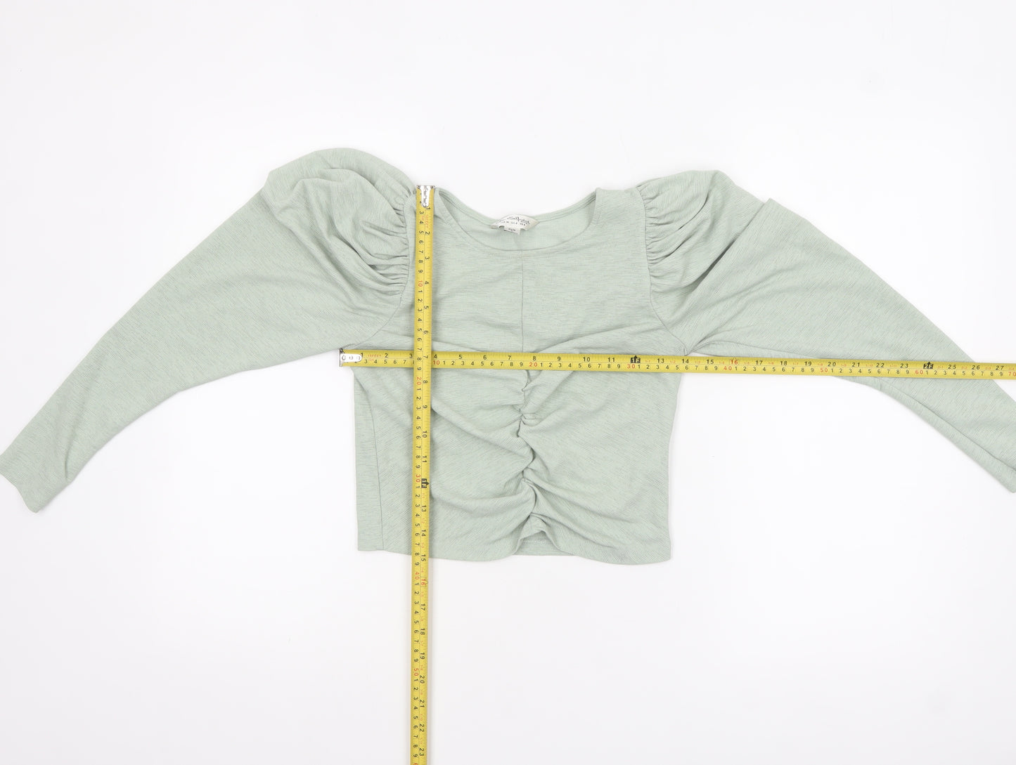 Miss Selfridge Women's Green Puff Sleeve Ruched Cropped Blouse Size 8