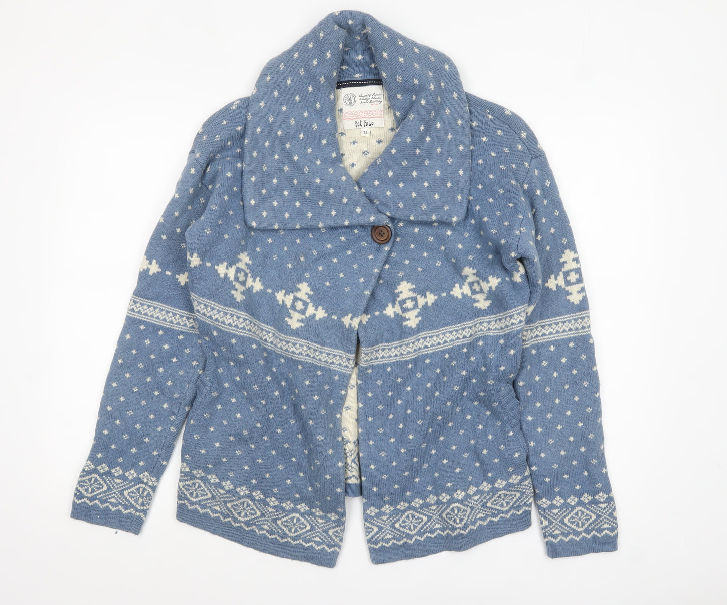 Fat Face Women's Blue Fair Isle Cardigan Size 12 Wool Blend
