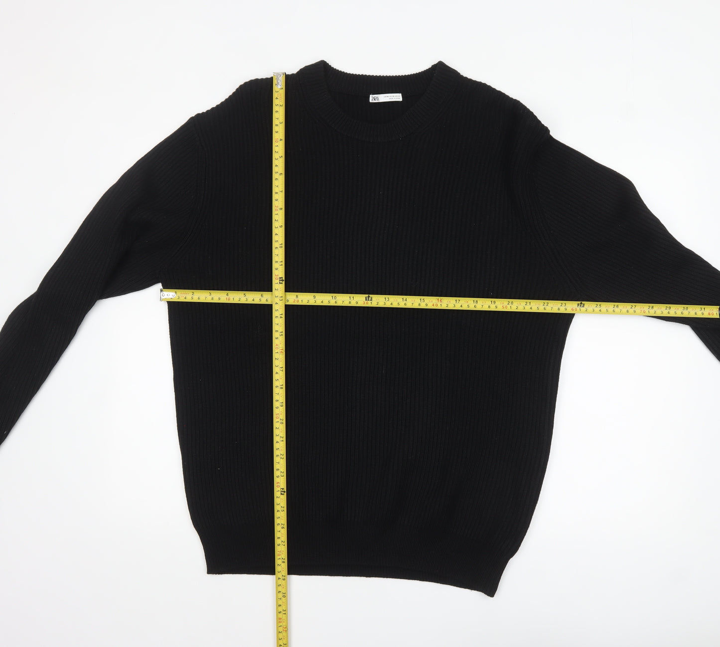 Zara Men's Black Ribbed Crew Neck Pullover Jumper XL