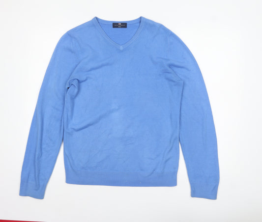 Marks and Spencer Men's Blue V-Neck Acrylic Jumper Small