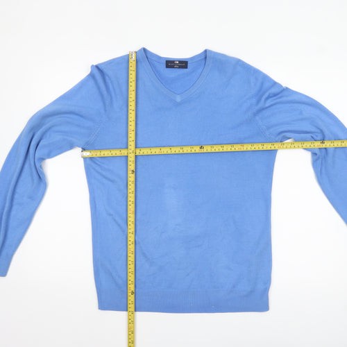 Marks and Spencer Men's Blue V-Neck Acrylic Jumper Small