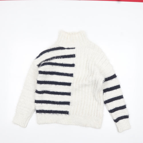 Marks and Spencer Women’s White Striped High Neck Chunky Knit Jumper Size S