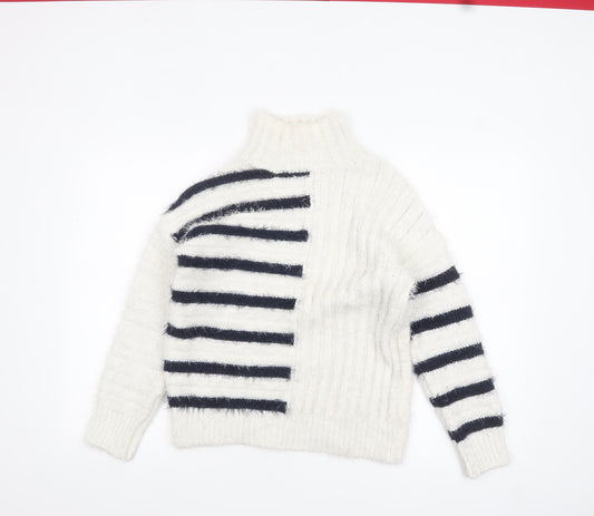 Marks and Spencer Women’s White Striped High Neck Chunky Knit Jumper Size S