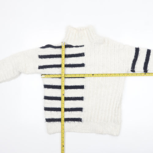 Marks and Spencer Women’s White Striped High Neck Chunky Knit Jumper Size S