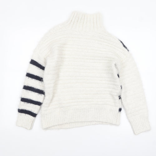 Marks and Spencer Women’s White Striped High Neck Chunky Knit Jumper Size S