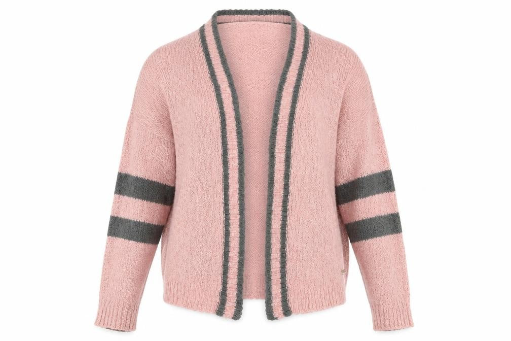 The Roadster Life Co Women Pink Grey Striped Acrylic Cardigan M