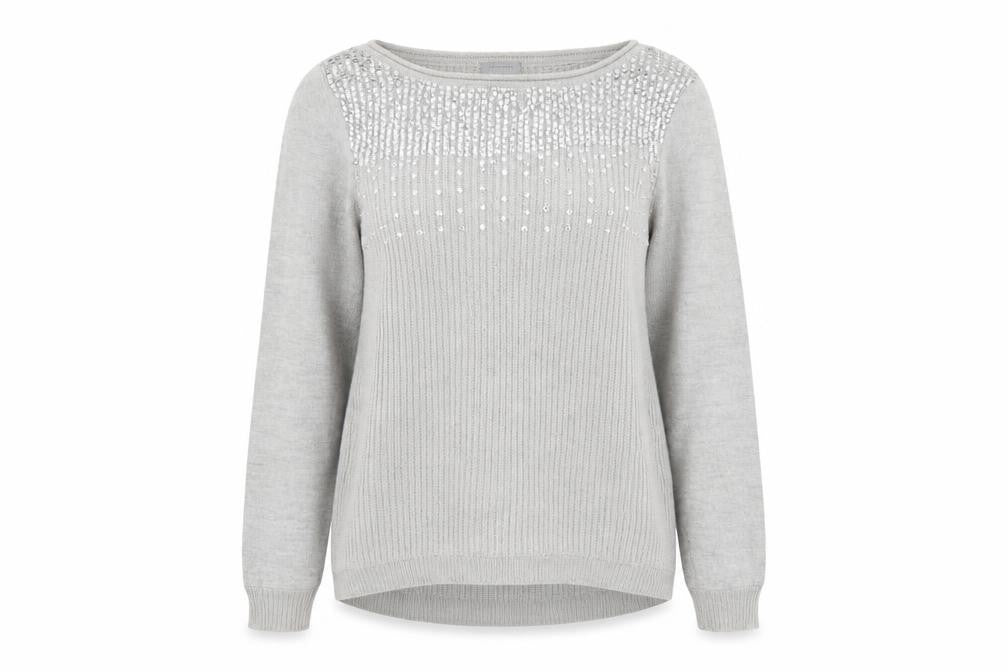 Front view of Mint Velvet Women’s Grey Sequin Knit Jumper, size UK 12