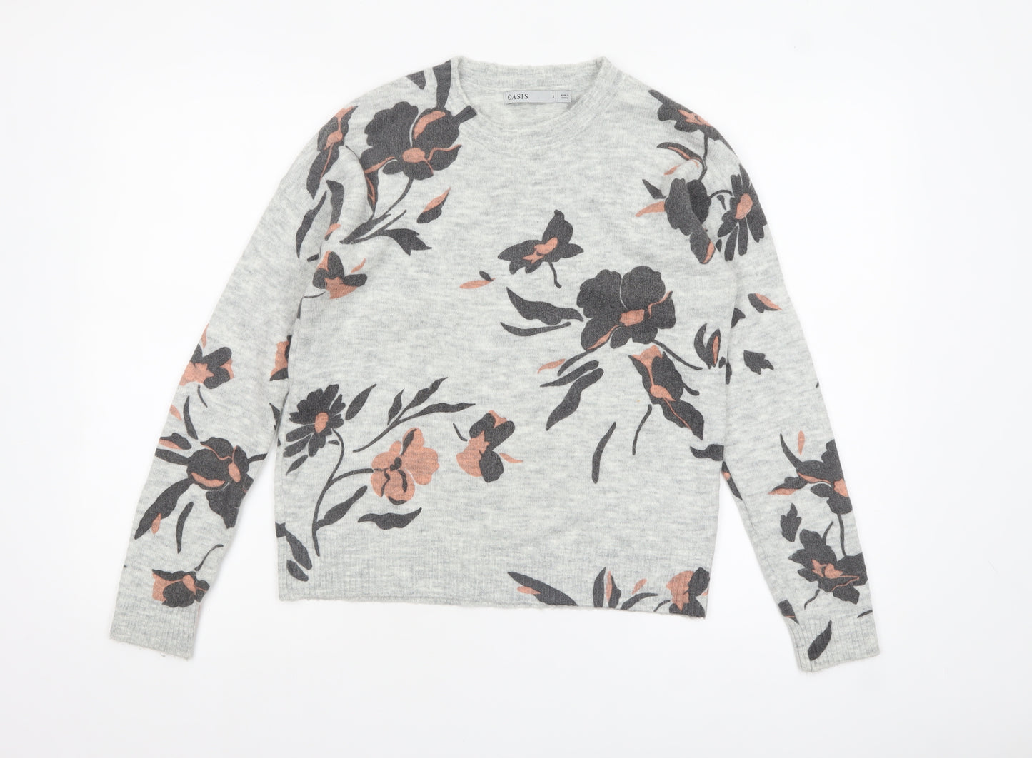 Oasis Womens Grey Floral Knit Pullover Jumper Size S