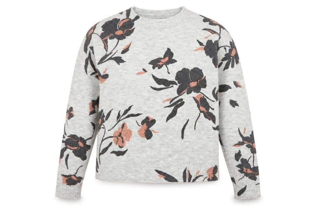 Front view of Oasis women’s grey floral knit jumper, size S