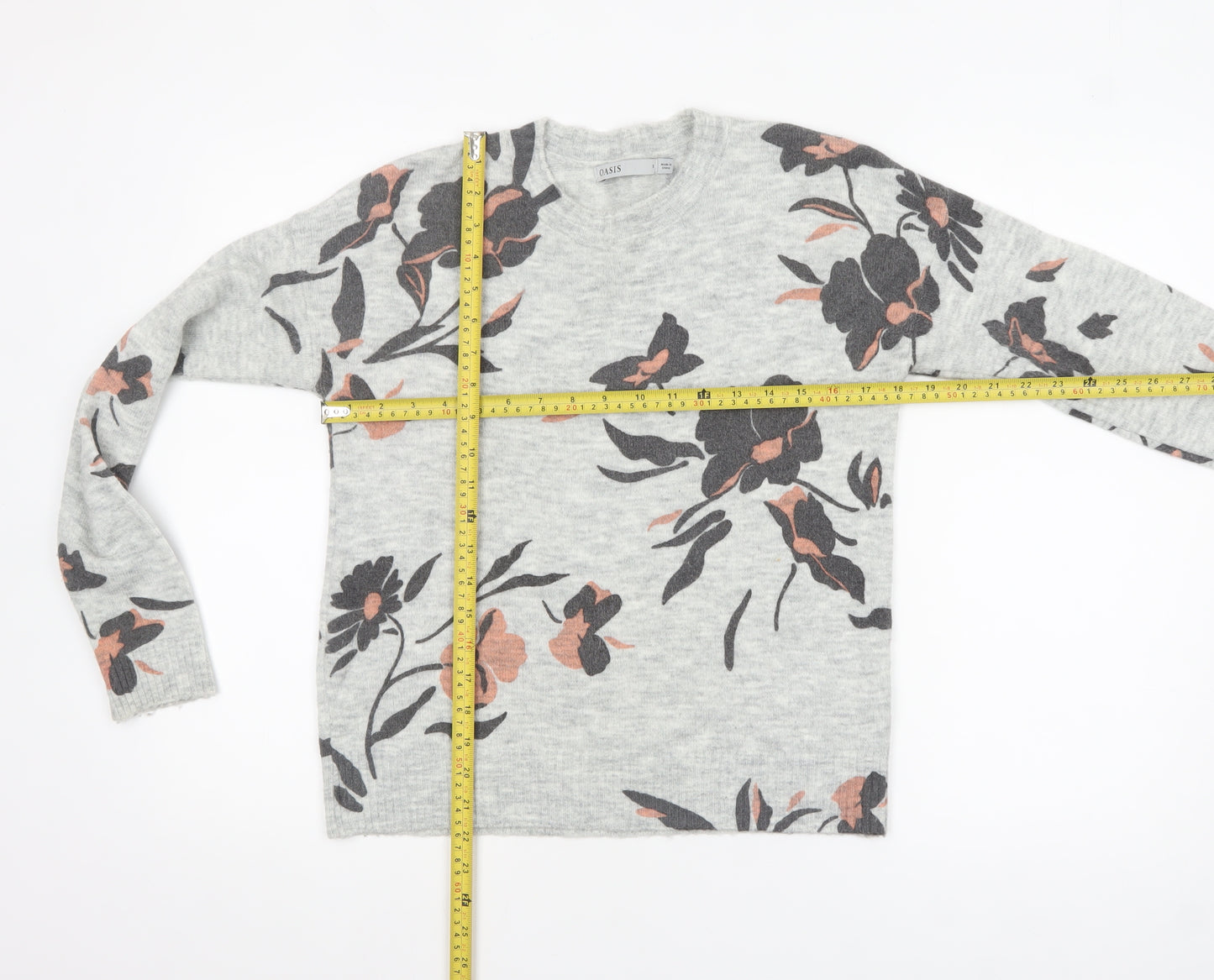 Oasis Womens Grey Floral Knit Pullover Jumper Size S