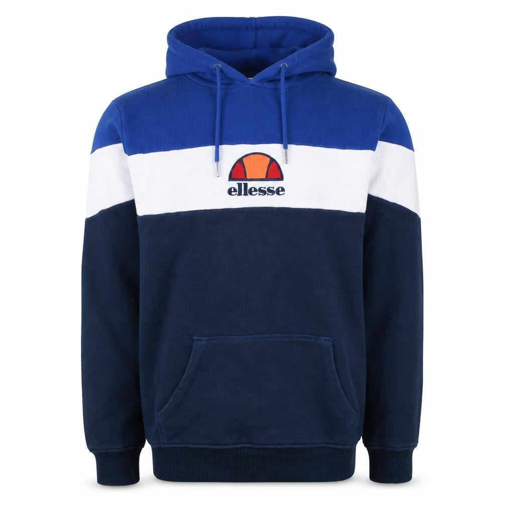 Front view of Ellesse Men's Blue Colour Block Pullover Hoodie, size S
