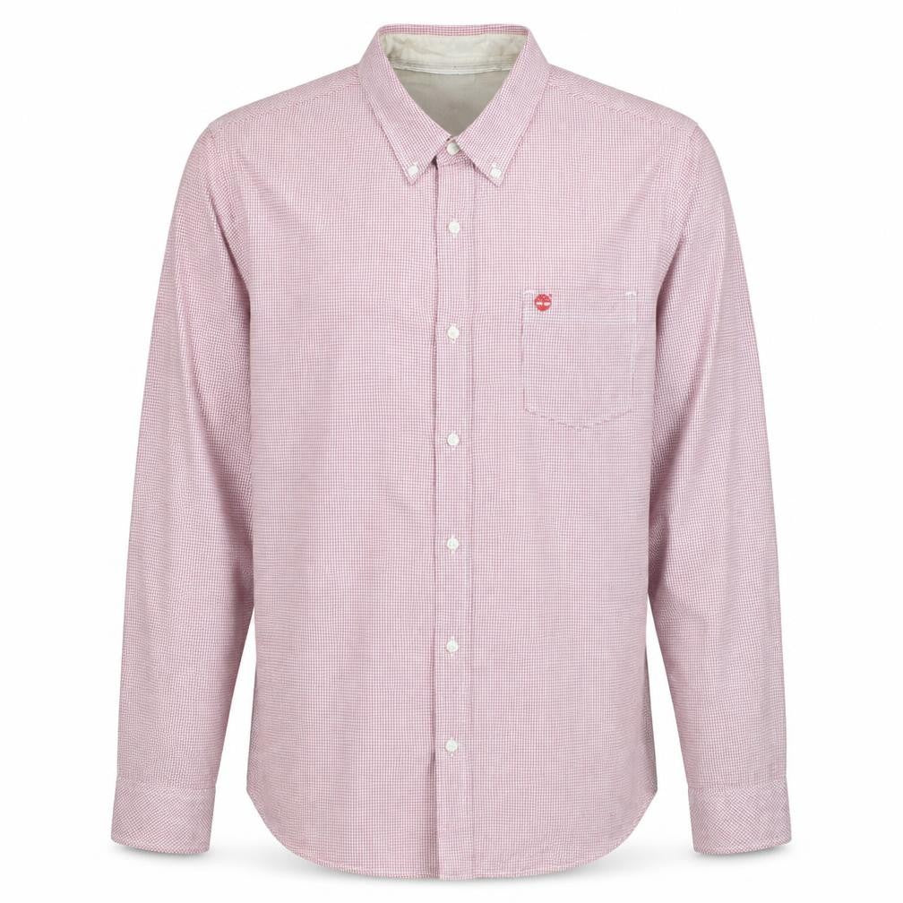 Front view of Timberland Men's Red Check Regular Fit Button-Down Cotton Shirt XL