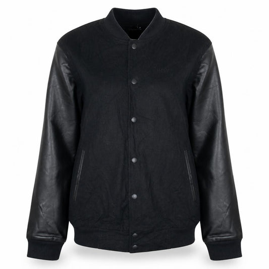 Front view of Boy London Women’s Black Varsity Jacket L Embroidered Logo Cotton Faux Leather