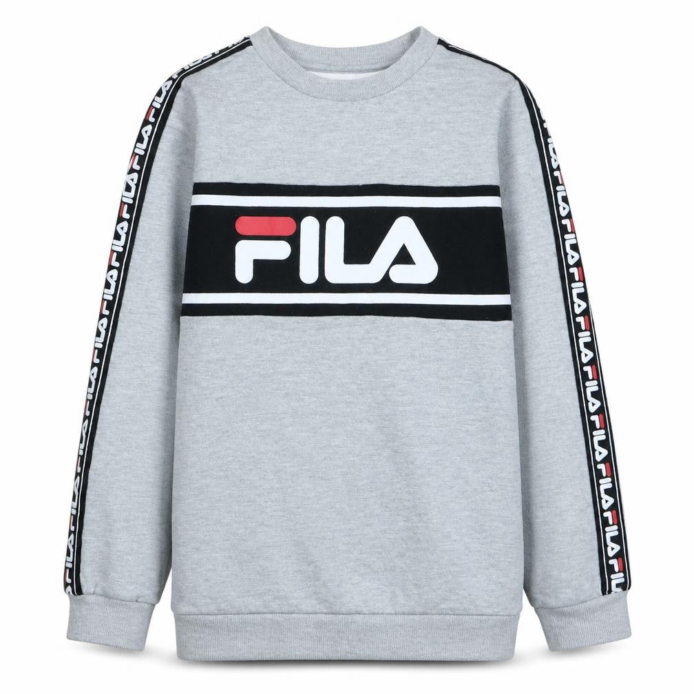 Front view of Fila boys’ grey logo pullover sweatshirt 13-14 years long sleeve crew neck