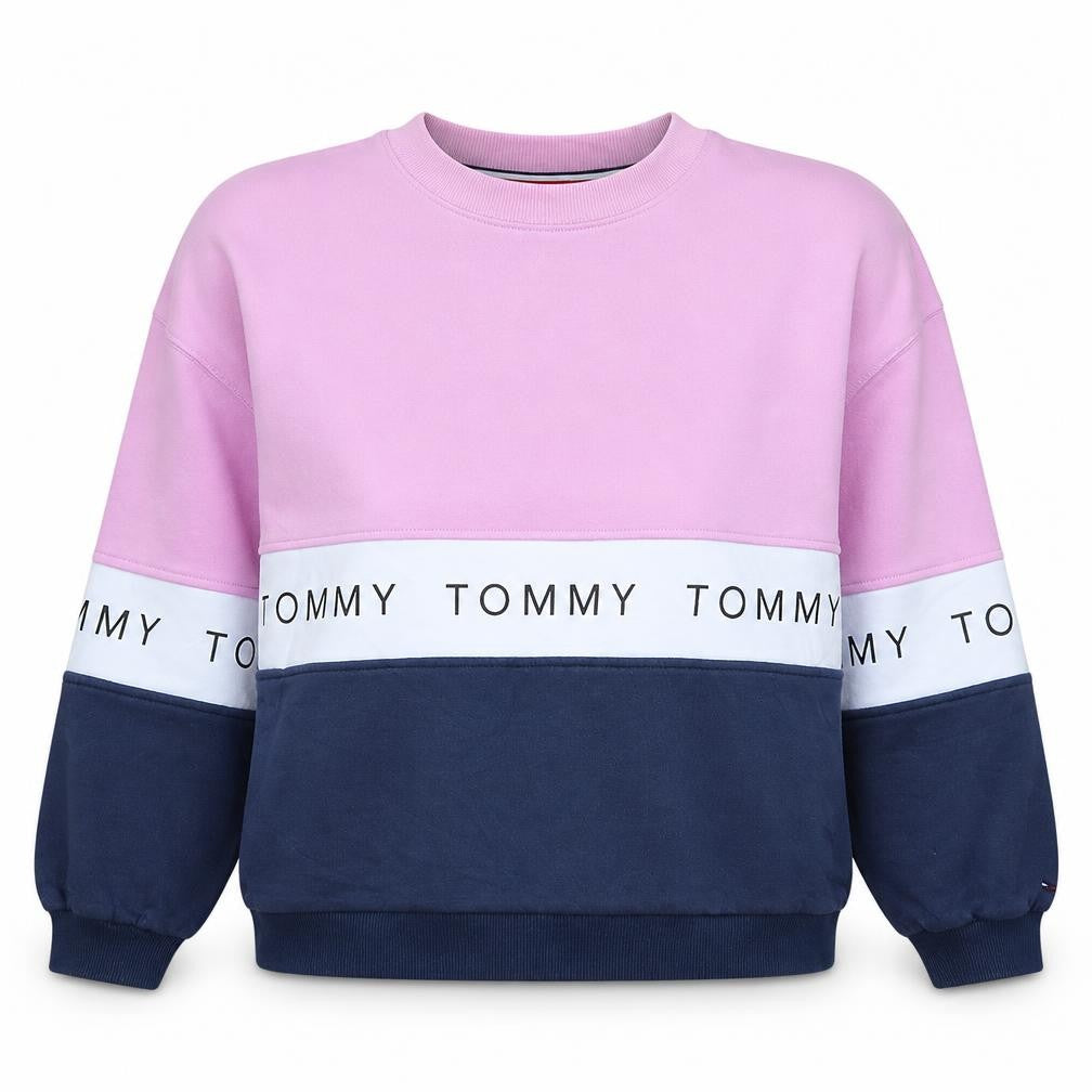 Front view of Tommy Jeans Women's Pink Navy Colourblock Logo Sweatshirt, size S