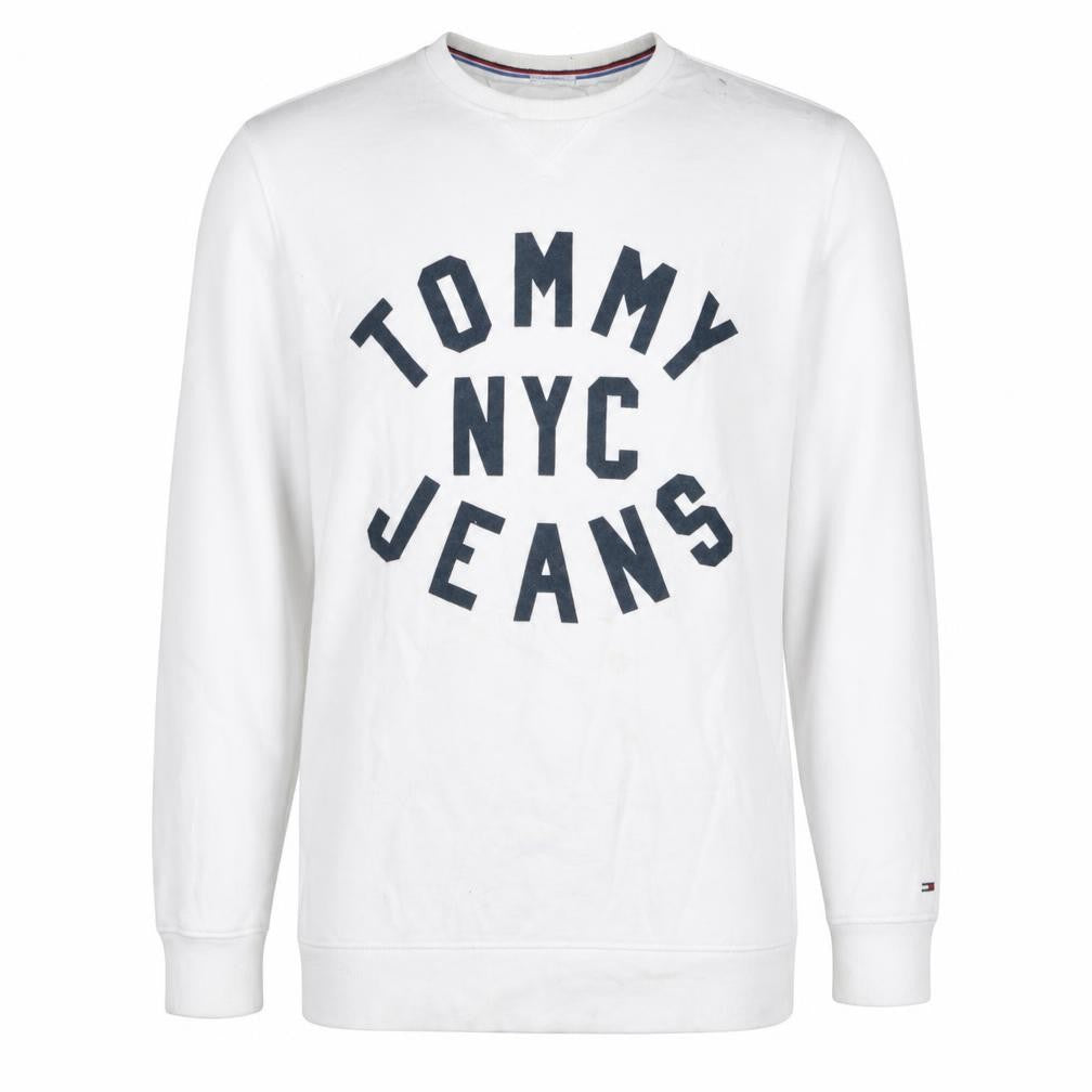 Front view of Tommy Jeans Men's White XL Pullover Graphic Sweatshirt