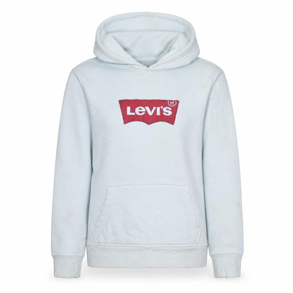 Front view of Levi's women’s white small logo pullover hoodie sweatshirt