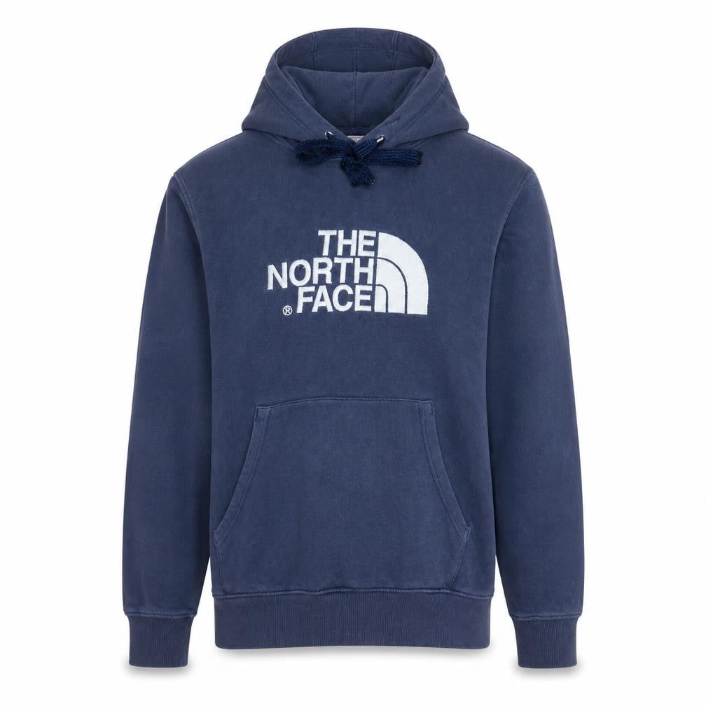 Front view of The North Face men’s blue pullover hoodie small logo sweatshirt