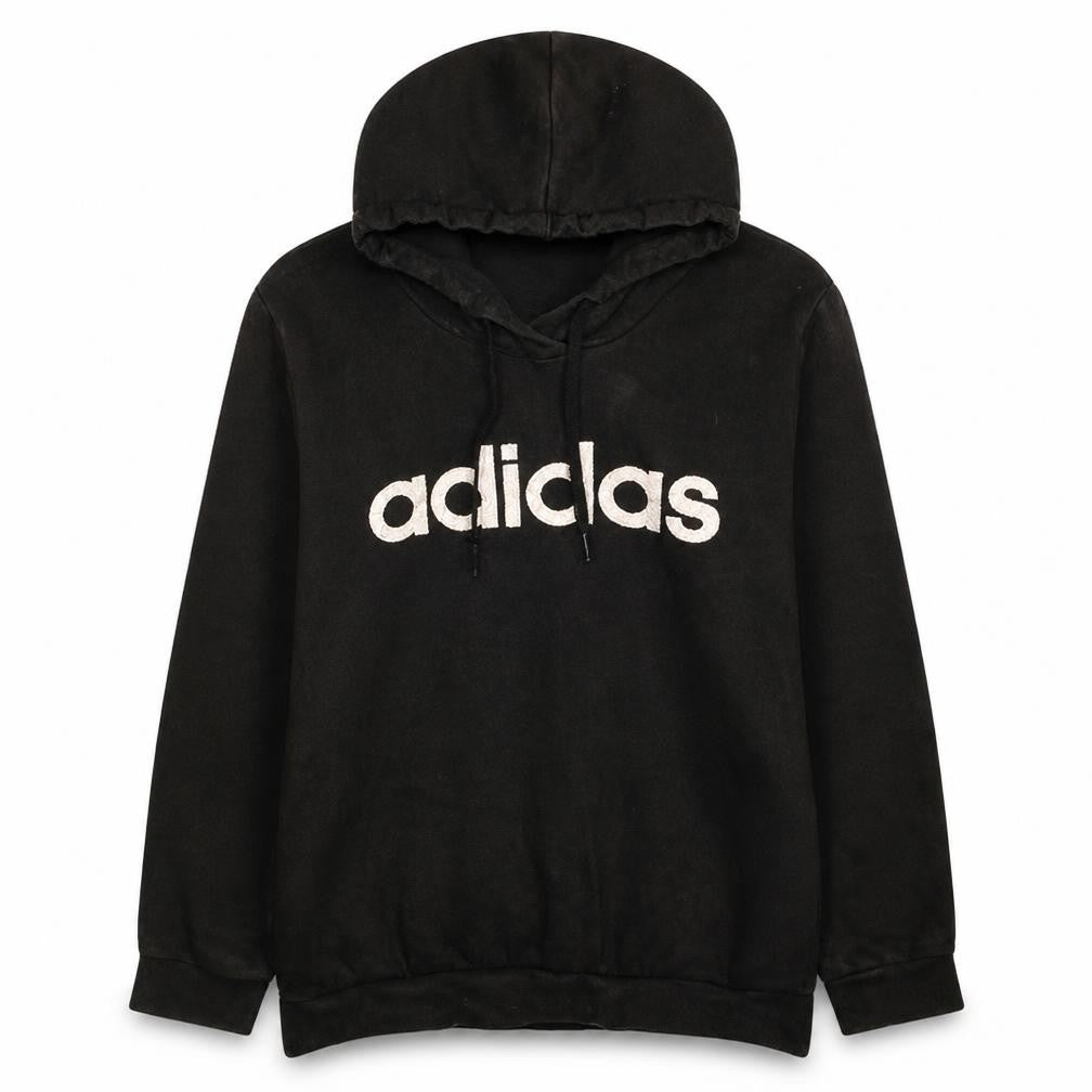 Front view of Adidas women’s black pullover hoodie sweatshirt, size UK 12-14