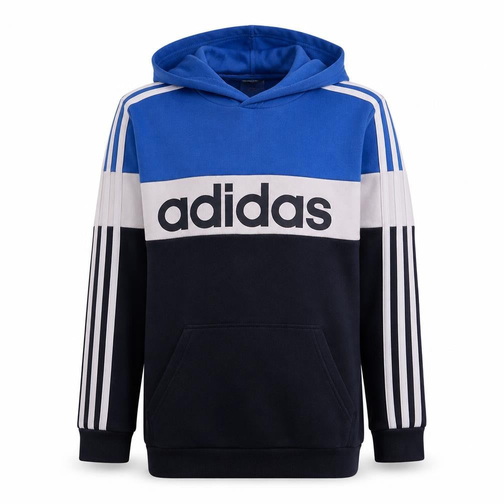 Front view of adidas boys’ blue colourblock pullover hoodie 15-16 years