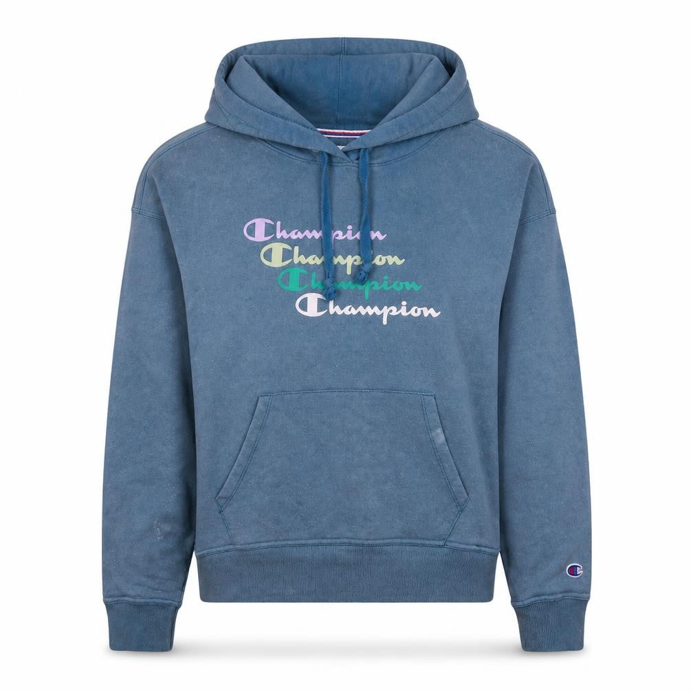 Front view of Champion women’s blue pullover hoodie small graphic print casual