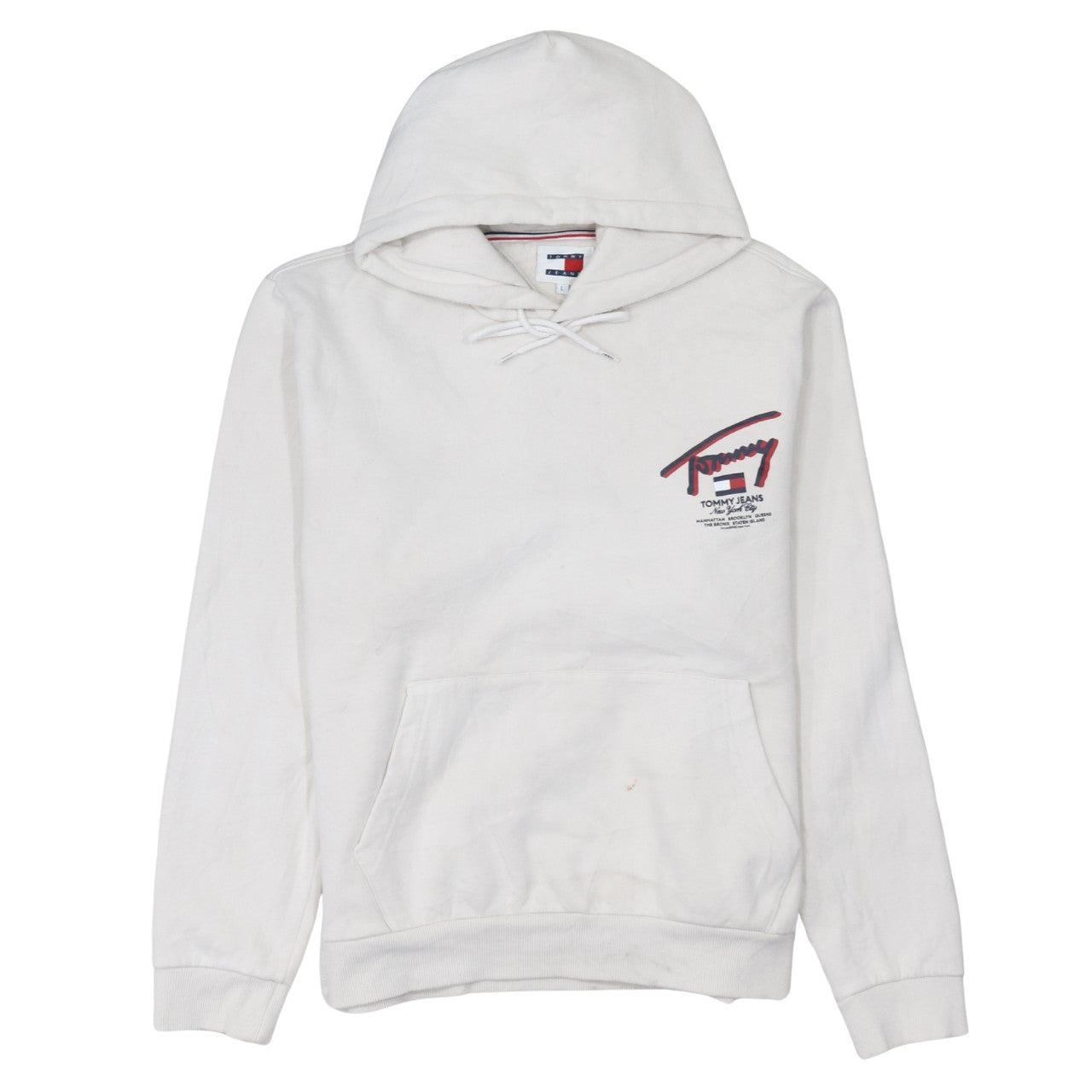 Tommy Jeans Men White Pullover Hoodie L Graphic Logo Cotton Blend