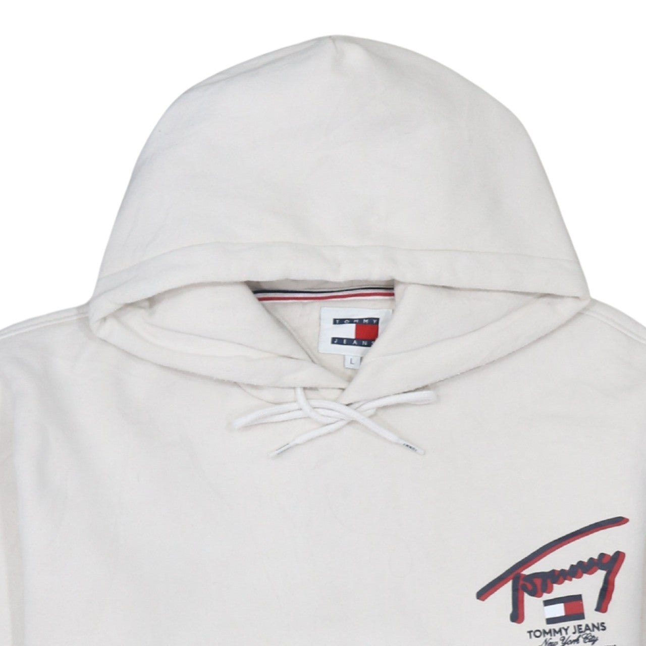 Tommy Jeans Men White Pullover Hoodie L Graphic Logo Cotton Blend