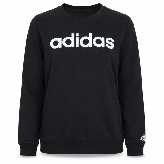 Front view of Adidas women’s black crew neck logo sweatshirt, size L, 16-18